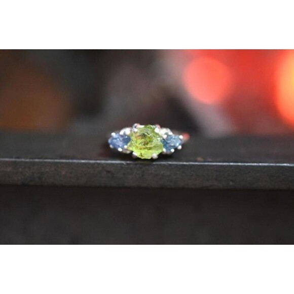 Unbranded Jewelry - Peridot Engagement Ring - Three Stone Ring - Sapphire Ring - Unique Gemstone Ste